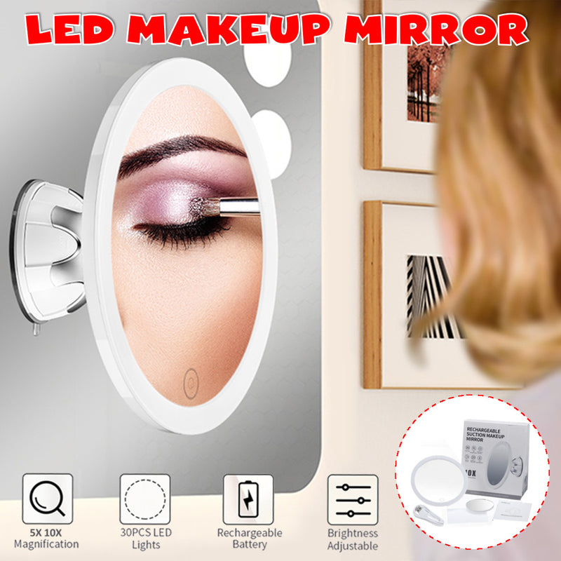 10x+5x LED Lighted Vanity Mirror, Makeup Mirror w/ Suction Cups, 360 Swivel Ring Light 3 Colors & Dimmable