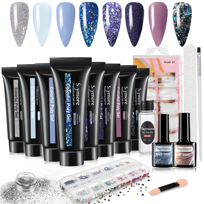 Skymore Poly Extension Nail Gel, 8 Colors (Blue Version) Poly Nail Gel Kit w/ 12 Kinds Rhinestones For Nail Art