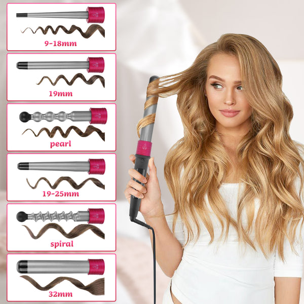 GLAMADOR 6-In-1 Interchangeable LED Ceramic Curling Iron, Adjustable Temperature 80-230°C, 6 Different Size Barrels
