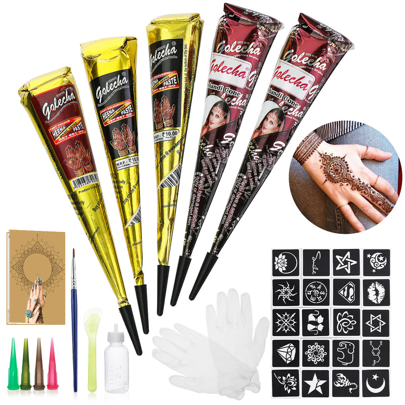 3 Colors Conical Temporary Art Henna Tattoos Painting & 20 PCS Adhesive Stencils Set