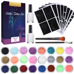 Glitter Tattoo Kit With 24 Glitter, 108 Uniquely Tattoo Stencils for Face & Body, Children & Adults
