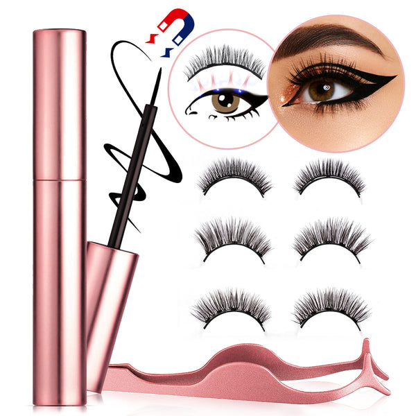 Magnetic Eyeliner and Lashes Set, 3 Pairs Reusable Eyelashes With Waterproof Magnetic Liquid Eyeliner Set