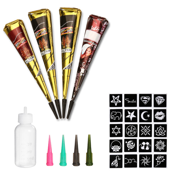 3 Farben konische temporäre Kunst Henna Tattoos Malerei & 20 PCS Adhesive Stencils Set