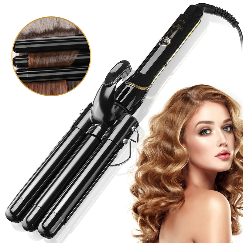 Luckyfine Portable Ion Hair Curling Iron 3 Barrel 22mm w/ LCD Temperature Display Anti-scald