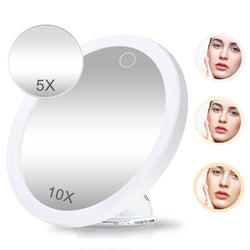 10x+5x LED Lighted Vanity Mirror, Makeup Mirror w/ Suction Cups, 360 Swivel Ring Light 3 Colors & Dimmable