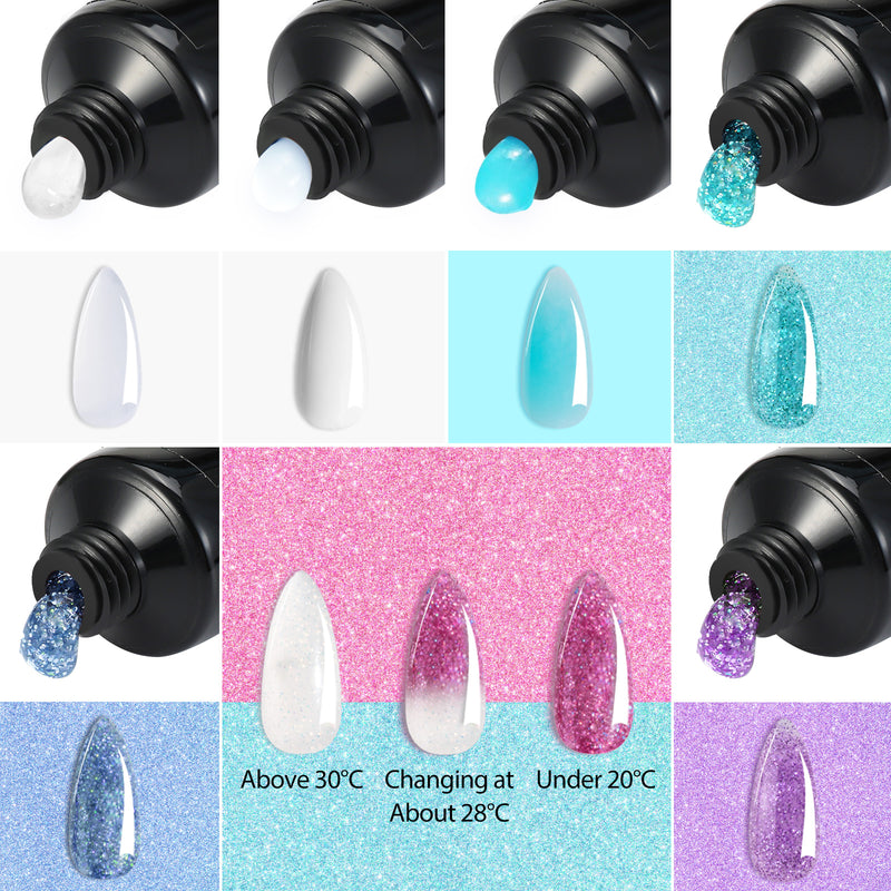 Janolia Nail Extension Gel, Purple/Blue(1 Temperature Changing Color) 7 Color Poly Nails Gel Set, w/ 2 Glitter