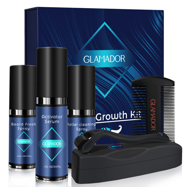 GLAMADOR Men Beard Growth Kit, 5 PCS Derma Roller, Beard Growth Serum/Spray, Cleanser, Comb, Quick Beard Grow