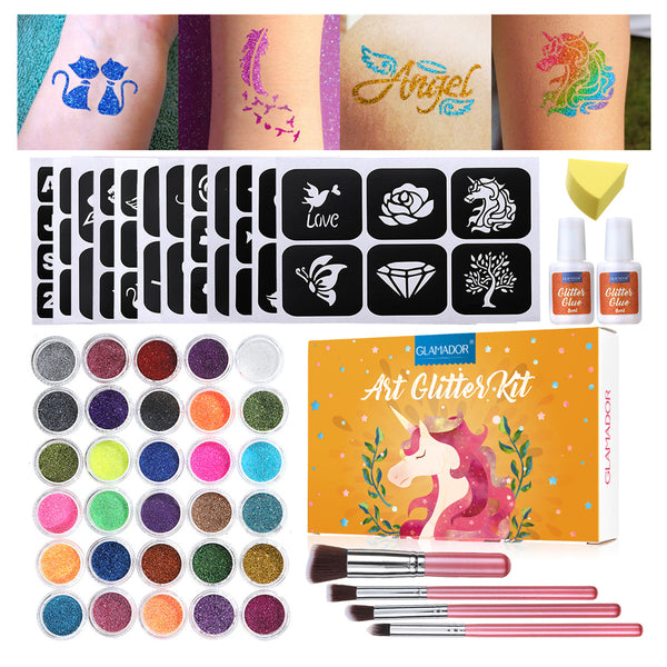 30 Glitter Temporäres Tattoo Set für Kinder & Erwachsene Body Nail Glitter Art Paint Party