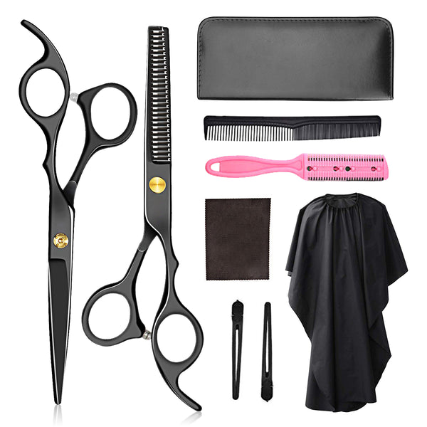 9PCS Barber Scissors Hairdressing Scissors Set Black Pro Scissors Set with Barber Cape & Storage Case