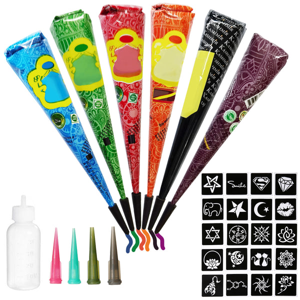 6PCS 6 Colors Conical Temporary Art Henna Tattoos Painting, Blue/Green/Orange/Red/Purple/Black