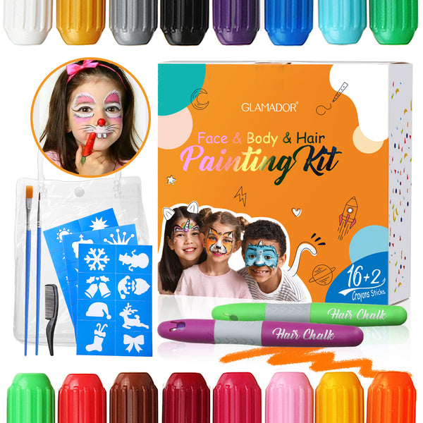 GLAMADOR 16 Farben Body Painting Sticks, Make-up-Buntstifte auf Wasserbasis für Kinder / Erwachsene Festival Geburtstag mit 2 Haarkreide